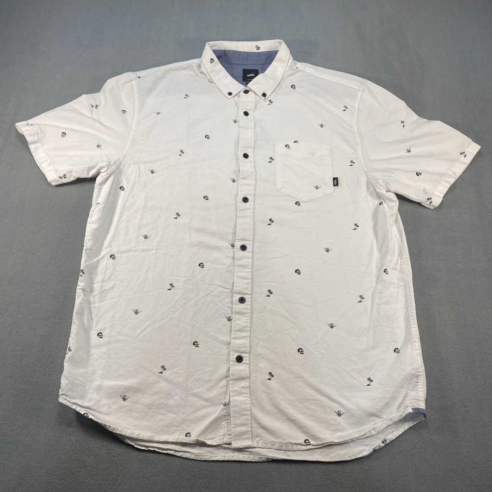 Vans Mens Button Down Short Sleeve Classic Fit Skulls Palm Trees XL